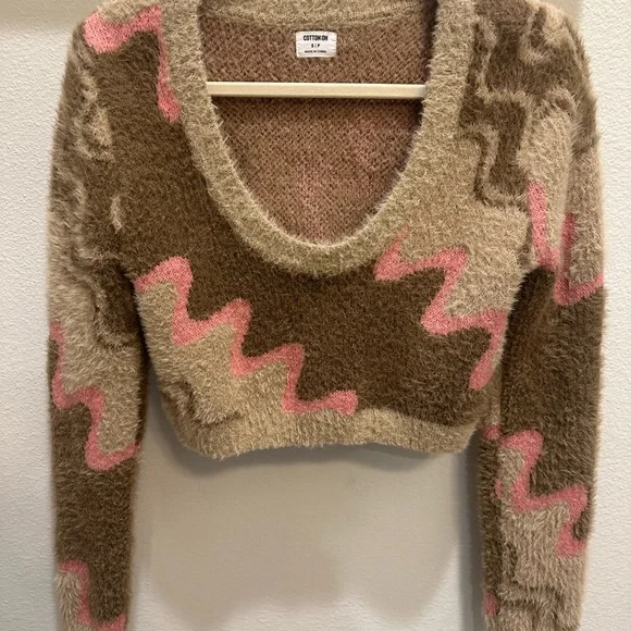 Cotton On Fuzzy Brown and Pink Sweater - Picture 2 of 4